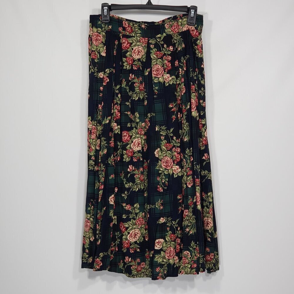 Vintage Lemon Grass  Blue Plaid & Floral Roses Full Skirt   Pleated  Size S